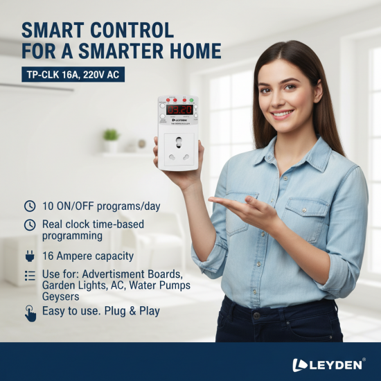 LEYDEN® TP-CLK 16A 220V AC Digital Real Time Clock Timer Plug Socket |Automatic ON Off Plug with 10 Programs Per Day | Heavy Duty Timer for Light, Water Pump, Motor, AC, Geyser