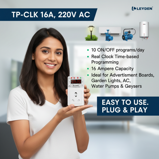 LEYDEN® TP-CLK 16A 220V AC Digital Real Time Clock Timer Plug Socket |Automatic ON Off Plug with 10 Programs Per Day | Heavy Duty Timer for Light, Water Pump, Motor, AC, Geyser