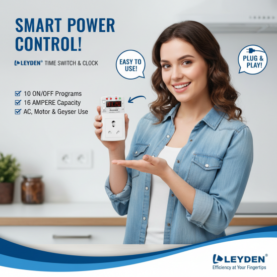 LEYDEN® TP-CLK 16A 220V AC Digital Real Time Clock Timer Plug Socket |Automatic ON Off Plug with 10 Programs Per Day | Heavy Duty Timer for Light, Water Pump, Motor, AC, Geyser