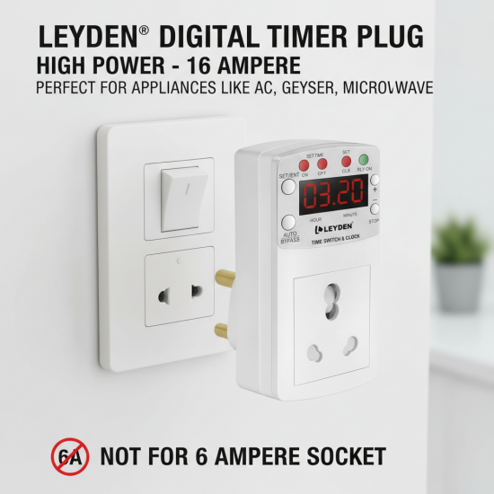LEYDEN® TP-CLK 16A 220V AC Digital Real Time Clock Timer Plug Socket |Automatic ON Off Plug with 10 Programs Per Day | Heavy Duty Timer for Light, Water Pump, Motor, AC, Geyser