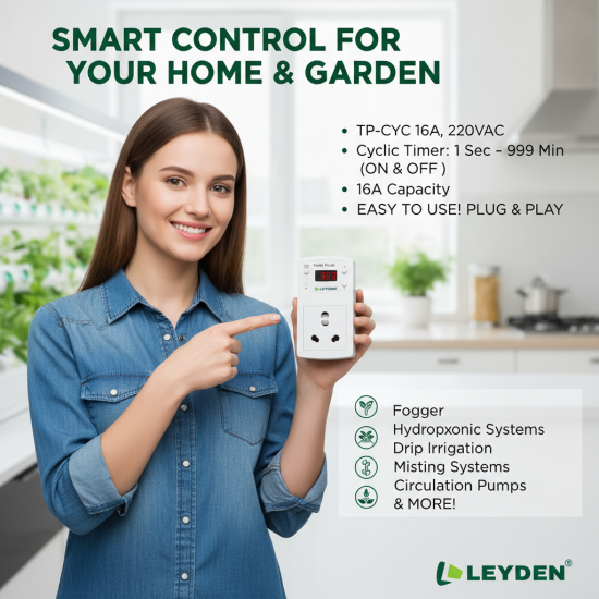 LEYDEN® TP-CYC 16A 220VAC Digital Cyclic Timer Plug Socket | ON Off Interval Timer 1 Second–999 Minutes | Heavy Duty Plug for Fogger Motor, Misting System, Circulation Pump, Hydroponic Irrigation LEYDEN® TP-CYC 16A 220VAC Digital Cyclic Timer Plug Socket | ON Off Interval Timer 1 Second–999 Minutes | Heavy Duty Plug for Fogger Motor, Misting System, Circulation Pump, Hydroponic Irrigation