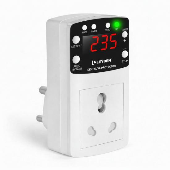 LEYDEN® LE-VAP 16A Smart Voltage Protection Plug | 220VAC | Under & Over Voltage + Over Current Protection | Dry Run Protection | Off Timer & Cyclic Timer (1-999 Minutes) | 4000V Surge Protection | For AC, Water Pump, Freezer, Geyser, Heater LEYDEN® LE-VAP 16A Smart Voltage Protection Plug | 220VAC | Under & Over Voltage + Over Current Protection | Dry Run Protection | Off Timer & Cyclic Timer (1-999 Minutes) | 4000V Surge Protection | For AC, Water Pump, Freezer, Geyser, Heater