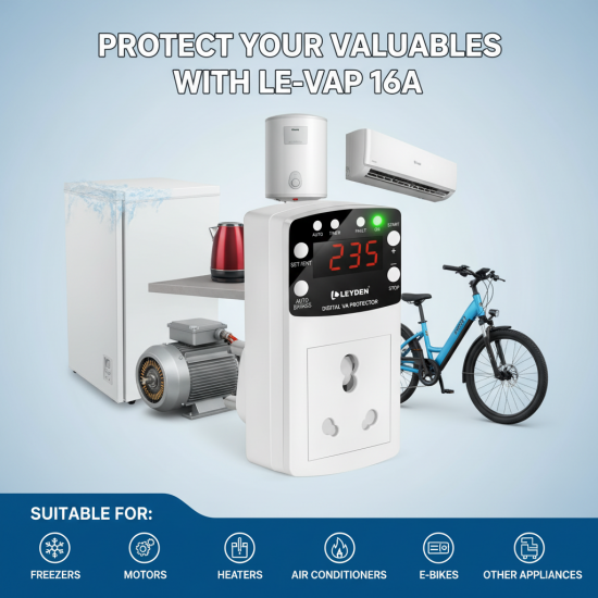 LEYDEN® LE-VAP 16A Smart Voltage Protection Plug | 220VAC | Under & Over Voltage + Over Current Protection | Dry Run Protection | Off Timer & Cyclic Timer (1-999 Minutes) | 4000V Surge Protection | For AC, Water Pump, Freezer, Geyser, Heater LEYDEN® LE-VAP 16A Smart Voltage Protection Plug | 220VAC | Under & Over Voltage + Over Current Protection | Dry Run Protection | Off Timer & Cyclic Timer (1-999 Minutes) | 4000V Surge Protection | For AC, Water Pump, Freezer, Geyser, Heater