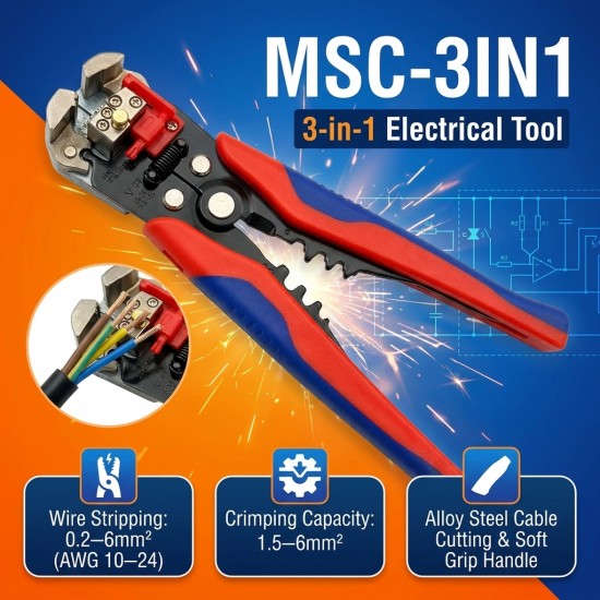 LEYDEN MSC-3IN1 AWG 10-24 Multifunctional Wire Stripper, Crimper & Cutter 3-in-1 Electrical Tool, Alloy Steel Automatic Wire Stripping Tool 0.2-6mm², Crimping Capacity 1.5-6mm², Heavy Duty Cable Cutting Tool with Soft Grip Handle (21 cm)