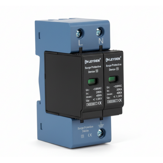 LEYDEN® SPDAC-2P AC Surge Protective Device (SPD) 320VAC | 20kA In, 40kA Imax | Up ≤ 1.5kV | DIN Rail Lightning Surge Protector for Distribution Boards