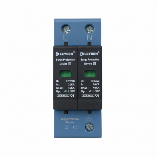 LEYDEN® SPDAC-2P AC Surge Protective Device (SPD) 320VAC | 20kA In, 40kA Imax | Up ≤ 1.5kV | DIN Rail Lightning Surge Protector for Distribution Boards LEYDEN® SPDAC-2P AC Surge Protective Device (SPD) 320VAC | 20kA In, 40kA Imax | Up ≤ 1.5kV | DIN Rail Lightning Surge Protector for Distribution Boards