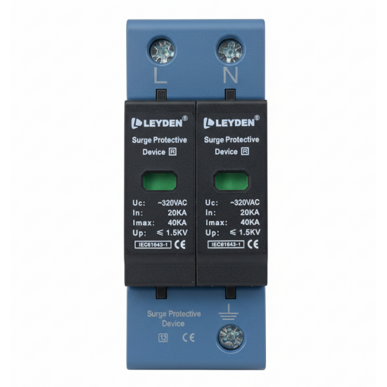 LEYDEN® SPDAC-2P AC Surge Protective Device (SPD) 320VAC | 20kA In, 40kA Imax | Up ≤ 1.5kV | DIN Rail Lightning Surge Protector for Distribution Boards