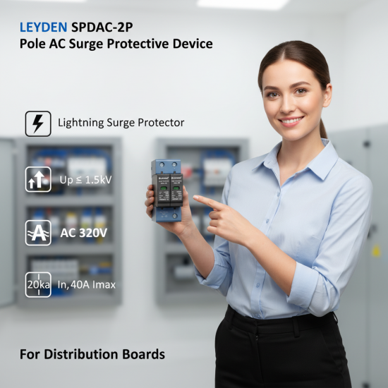 LEYDEN® SPDAC-2P AC Surge Protective Device (SPD) 320VAC | 20kA In, 40kA Imax | Up ≤ 1.5kV | DIN Rail Lightning Surge Protector for Distribution Boards
