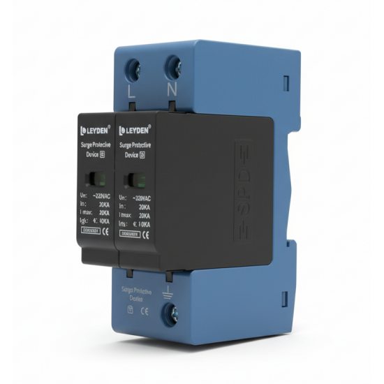 LEYDEN® SPDAC-2P AC Surge Protective Device (SPD) 320VAC | 20kA In, 40kA Imax | Up ≤ 1.5kV | DIN Rail Lightning Surge Protector for Distribution Boards