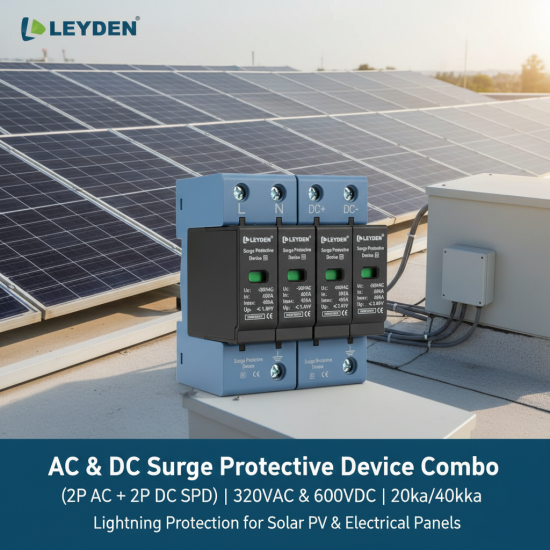 LEYDEN® SPDACDC-2P AC & DC Surge Protective Device Combo (2P AC + 2P DC SPD) | 320VAC & 600VDC | 20kA/40kA | DIN Rail Lightning Protection for Solar PV & Electrical Panels LEYDEN® SPDACDC-2P AC & DC Surge Protective Device Combo (2P AC + 2P DC SPD) | 320VAC & 600VDC | 20kA/40kA | DIN Rail Lightning Protection for Solar PV & Electrical Panels