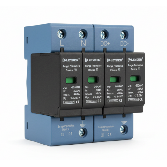 LEYDEN® SPDACDC-2P AC & DC Surge Protective Device Combo (2P AC + 2P DC SPD) | 320VAC & 600VDC | 20kA/40kA | DIN Rail Lightning Protection for Solar PV & Electrical Panels LEYDEN® SPDACDC-2P AC & DC Surge Protective Device Combo (2P AC + 2P DC SPD) | 320VAC & 600VDC | 20kA/40kA | DIN Rail Lightning Protection for Solar PV & Electrical Panels