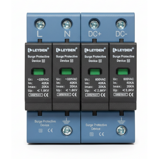 LEYDEN® SPDACDC-2P AC & DC Surge Protective Device Combo (2P AC + 2P DC SPD) | 320VAC & 600VDC | 20kA/40kA | DIN Rail Lightning Protection for Solar PV & Electrical Panels LEYDEN® SPDACDC-2P AC & DC Surge Protective Device Combo (2P AC + 2P DC SPD) | 320VAC & 600VDC | 20kA/40kA | DIN Rail Lightning Protection for Solar PV & Electrical Panels