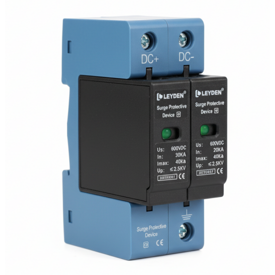 LEYDEN® SPDDC-2P DC Surge Protective Device (SPD) 600VDC | 20kA In, 40kA Imax | Up ≤ 2.0kV | DIN Rail Solar PV Surge Protector (DC+ / DC-) LEYDEN® SPDDC-2P DC Surge Protective Device (SPD) 600VDC | 20kA In, 40kA Imax | Up ≤ 2.0kV | DIN Rail Solar PV Surge Protector (DC+ / DC-)