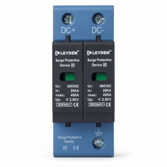 LEYDEN® SPDDC-2P DC Surge Protective Device (SPD) 600VDC | 20kA In, 40kA Imax | Up ≤ 2.0kV | DIN Rail Solar PV Surge Protector (DC+ / DC-) LEYDEN® SPDDC-2P DC Surge Protective Device (SPD) 600VDC | 20kA In, 40kA Imax | Up ≤ 2.0kV | DIN Rail Solar PV Surge Protector (DC+ / DC-)