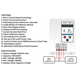 LEYDEN® TM-CLK 60A NO/NC 230VAC, 60A 24 Hour Real Clock Timer Switch, 50 ON/Off Per Day & Cyclic Function Up to 9999 Second Programmable Electronic Timer Switch (1- Year Warranty)
