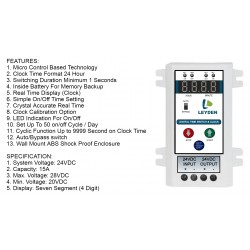 LEYDEN® 24 Volt DC, 15A, TM-CLK-24VDC 24 Hour Real Clock Timer Switch, 50 ON/Off Per Day & Cyclic Function Up to 9999 Second Programmable Electronic Timer Switch (1- Year Warranty) LEYDEN® 24 Volt DC, 15A, TM-CLK-24VDC 24 Hour Real Clock Timer Switch, 50 ON/Off Per Day & Cyclic Function Up to 9999 Second Programmable Electronic Timer Switch (1- Year Warranty)