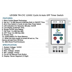 LEYDEN® TM-CYC 12VDC 15A, (1 to 999 Sec./Min.) ON/Off Digital Cyclic Timer & Auto Stop Countdown Timer for Fogger, Hydroponics, Irrigation, Motor, Water Pump, Etc. LEYDEN® TM-CYC 12VDC 15A, (1 to 999 Sec./Min.) ON/Off Digital Cyclic Timer & Auto Stop Countdown Timer for Fogger, Hydroponics, Irrigation, Motor, Water Pump, Etc.