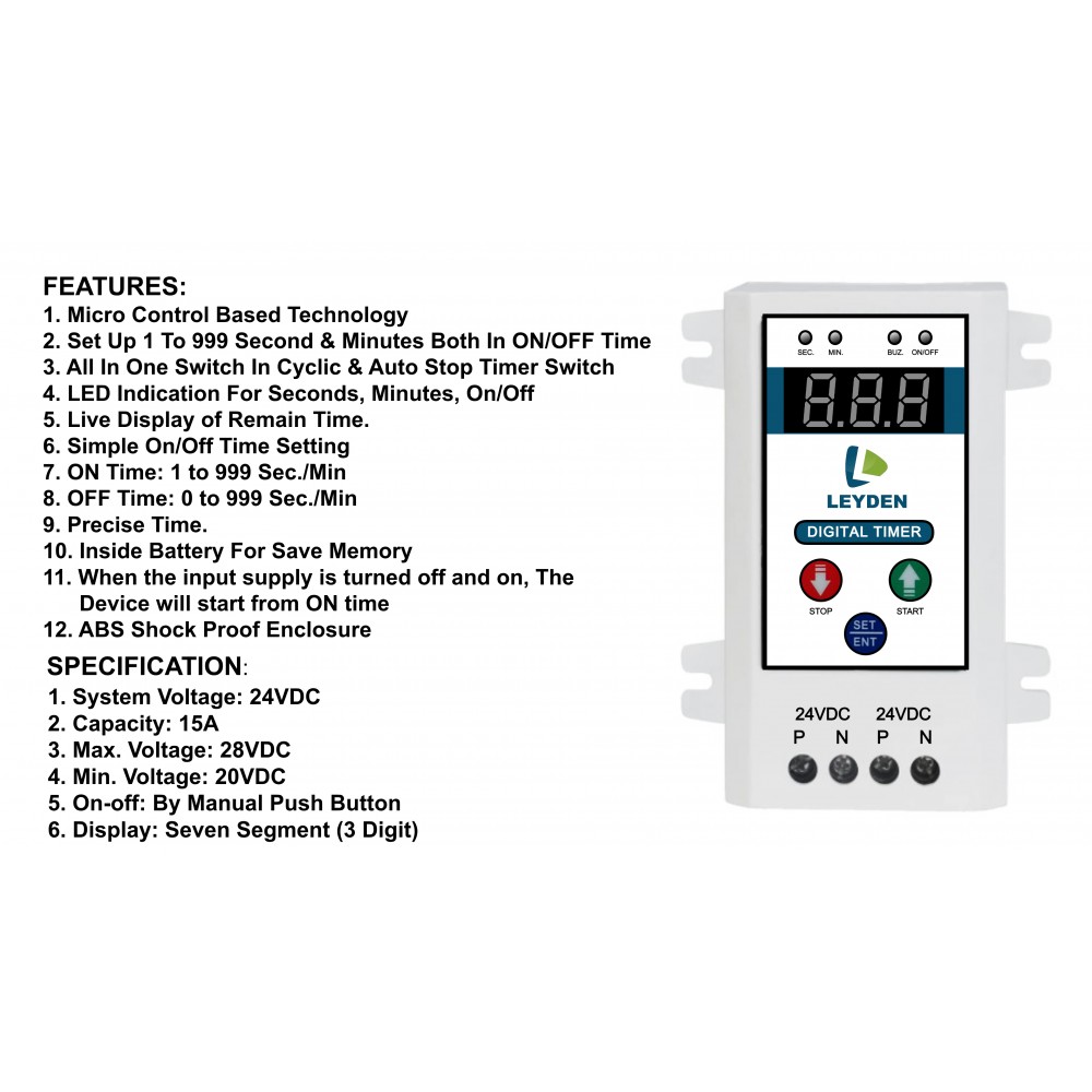 LEYDEN® TM-CYC 24VDC 15A, (1 to 999 Sec./Min.) ON/Off Digital Cyclic ...