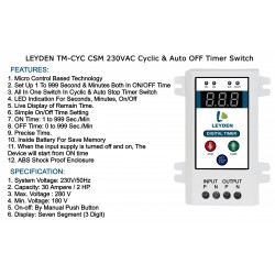 LEYDEN® TM-CYC CSM 15A, 230 Volt AC (1 to 999 Sec./Min.) ON/Off Digital Cyclic Timer & Auto Stop Countdown Timer for Fogger, Hydroponics, Irrigation, Motor, Geyser, Heater, Oven, Water Pump, Etc. LEYDEN® TM-CYC CSM 15A, 230 Volt AC (1 to 999 Sec./Min.) ON/Off Digital Cyclic Timer & Auto Stop Countdown Timer for Fogger, Hydroponics, Irrigation, Motor, Geyser, Heater, Oven, Water Pump, Etc.