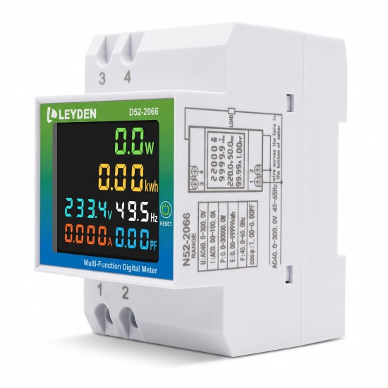 LEYDEN D52-2066 6-in-1 Multi Function Digital Meter | AC 40-300V, 0-100A, 45-65Hz | Watt, kWh, Voltage, Current, Frequency & Power Factor Meter | Colour LCD | DIN Rail Mount LEYDEN D52-2066 6-in-1 Multi Function Digital Meter | AC 40-300V, 0-100A, 45-65Hz | Watt, kWh, Voltage, Current, Frequency & Power Factor Meter | Colour LCD | DIN Rail Mount