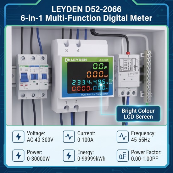LEYDEN D52-2066 6-in-1 Multi Function Digital Meter | AC 40-300V, 0-100A, 45-65Hz | Watt, kWh, Voltage, Current, Frequency & Power Factor Meter | Colour LCD | DIN Rail Mount LEYDEN D52-2066 6-in-1 Multi Function Digital Meter | AC 40-300V, 0-100A, 45-65Hz | Watt, kWh, Voltage, Current, Frequency & Power Factor Meter | Colour LCD | DIN Rail Mount