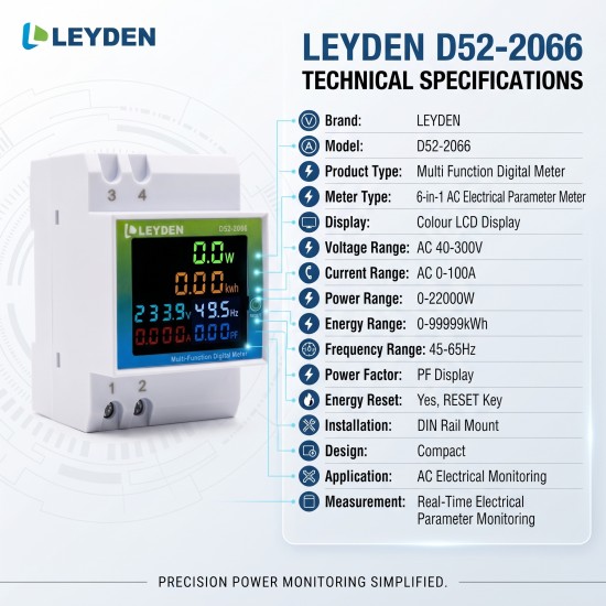 LEYDEN D52-2066 6-in-1 Multi Function Digital Meter | AC 40-300V, 0-100A, 45-65Hz | Watt, kWh, Voltage, Current, Frequency & Power Factor Meter | Colour LCD | DIN Rail Mount LEYDEN D52-2066 6-in-1 Multi Function Digital Meter | AC 40-300V, 0-100A, 45-65Hz | Watt, kWh, Voltage, Current, Frequency & Power Factor Meter | Colour LCD | DIN Rail Mount