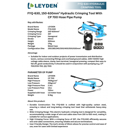 LEYDEN® FYQ-630, 150-630mm² Hydraulic Hose Crimping Tool, 35 Ton Pressure Hexagonal Crimping Tool With CP 700 Manual Hydraulic Pump, Heavy Duty HYdraulic Crimping Tool LEYDEN® FYQ-630, 150-630mm² Hydraulic Hose Crimping Tool, 35 Ton Pressure Hexagonal Crimping Tool With CP 700 Manual Hydraulic Pump, Heavy Duty HYdraulic Crimping Tool