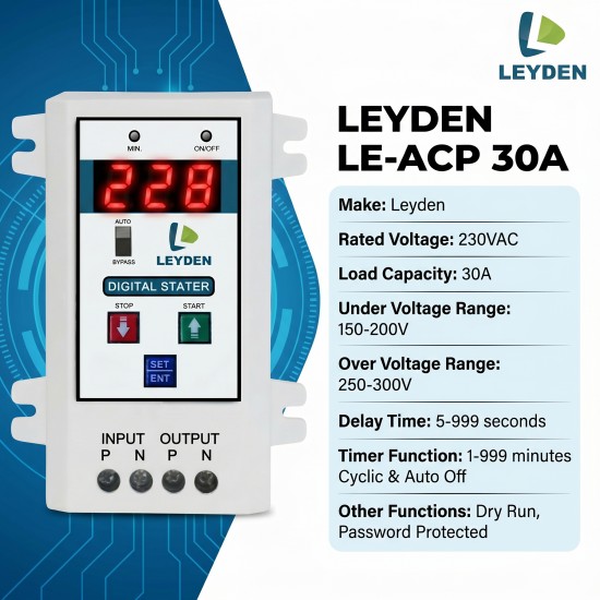 LEYDEN LE-ACP 30A Under Over Voltage & Over Current Protector with Cyclic Timer | 220VAC | Adjustable Delay 5-999s | Auto OFF 1-999 min | Dry Run Protection | Surge Protection 4000V