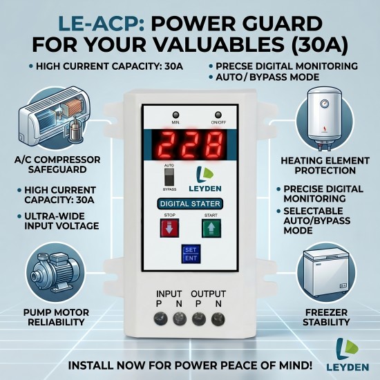 LEYDEN LE-ACP 30A Under Over Voltage & Over Current Protector with Cyclic Timer | 220VAC | Adjustable Delay 5-999s | Auto OFF 1-999 min | Dry Run Protection | Surge Protection 4000V