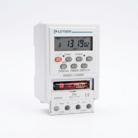 LEYDEN LE620S Digital Timer Switch 220-250V AC 30A | 24 ON/OFF Programs Per Day | Weekly Timer, Cyclic Timer & Auto OFF | 1 Second Minimum Setting | AAA Replaceable Battery Backup | DIN Rail & Wall Mount | LCD Display LEYDEN LE620S Digital Timer Switch 220-250V AC 30A | 24 ON/OFF Programs Per Day | Weekly Timer, Cyclic Timer & Auto OFF | 1 Second Minimum Setting | AAA Replaceable Battery Backup | DIN Rail & Wall Mount | LCD Display