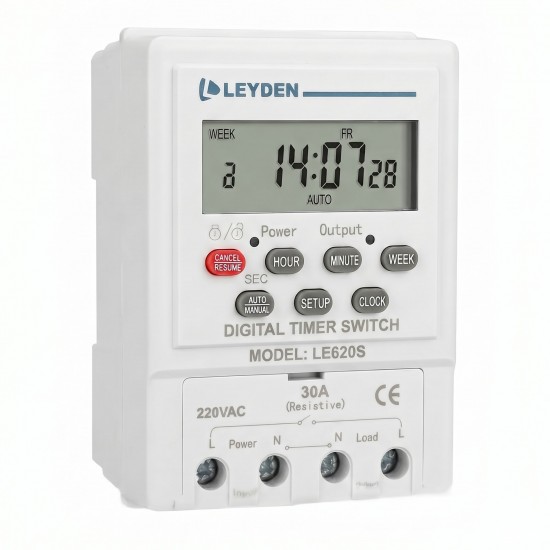 LEYDEN LE620S Digital Timer Switch 220-250V AC 30A | 24 ON/OFF Programs Per Day | Weekly Timer, Cyclic Timer & Auto OFF | 1 Second Minimum Setting | AAA Replaceable Battery Backup | DIN Rail & Wall Mount | LCD Display LEYDEN LE620S Digital Timer Switch 220-250V AC 30A | 24 ON/OFF Programs Per Day | Weekly Timer, Cyclic Timer & Auto OFF | 1 Second Minimum Setting | AAA Replaceable Battery Backup | DIN Rail & Wall Mount | LCD Display