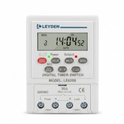LEYDEN LE620S Digital Timer Switch 220-250V AC 30A | 24 ON/OFF Programs Per Day | Weekly Timer, Cyclic Timer & Auto OFF | 1 Second Minimum Setting | AAA Replaceable Battery Backup | DIN Rail & Wall Mount | LCD Display LEYDEN LE620S Digital Timer Switch 220-250V AC 30A | 24 ON/OFF Programs Per Day | Weekly Timer, Cyclic Timer & Auto OFF | 1 Second Minimum Setting | AAA Replaceable Battery Backup | DIN Rail & Wall Mount | LCD Display