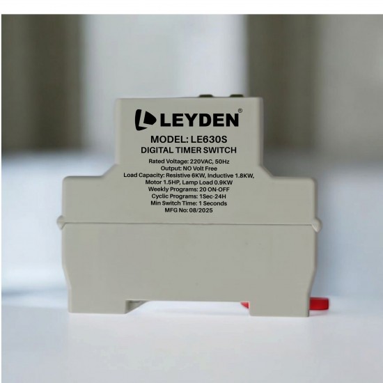 LEYDEN® LE630S Digital Timer Switch, 30A 220VAC Volt Free Output 20 ON/OFF Programs Daily & Weekly with 1-Second Interval Cyclic & Delay Function (1s–24h) Rechargeable Battery Backup for Lights, Motors, Fans, Heaters, Irrigation & Fogger