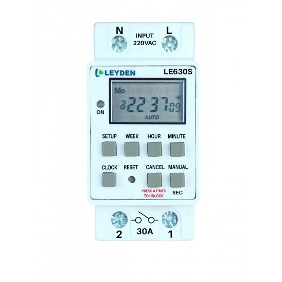 LEYDEN® LE630S Digital Timer Switch, 30A 220VAC Volt Free Output 20 ON/OFF Programs Daily & Weekly with 1-Second Interval Cyclic & Delay Function (1s–24h) Rechargeable Battery Backup for Lights, Motors, Fans, Heaters, Irrigation & Fogger