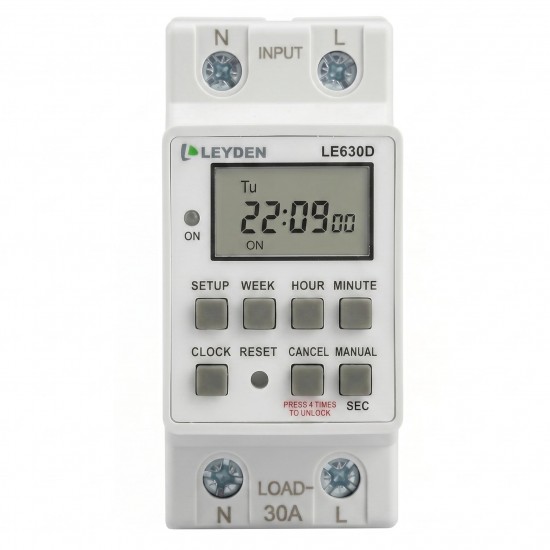 LEYDEN LE630D Digital Timer Switch, 30A 220VAC 20 ON/OFF Programs Daily & Weekly with 1-Second Interval Cyclic & Delay Function (1s–24h) Rechargeable Battery Backup for Lights, Motors, Fans, Heaters, Irrigation & Fogger LEYDEN LE630D Digital Timer Switch, 30A 220VAC 20 ON/OFF Programs Daily & Weekly with 1-Second Interval Cyclic & Delay Function (1s–24h) Rechargeable Battery Backup for Lights, Motors, Fans, Heaters, Irrigation & Fogger