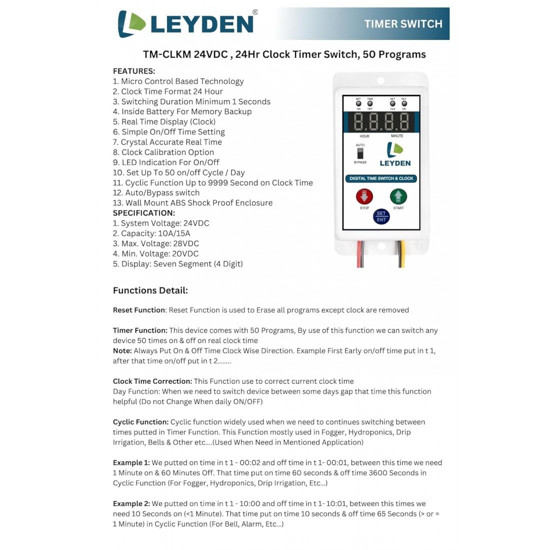 LEYDEN® TM-CLKM 24VDC, 15A, 24 Volt DC, Digital Real Clock Timer Switch ...