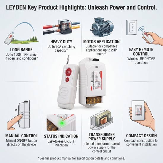 LEYDEN LE-RFC1KM 220VAC 30A RF Remote Control Switch up to 1000m Open Land Range, Heavy Duty Wireless ON/OFF Switch for 2HP Motor, Water Pump, Agriculture, Manual Button