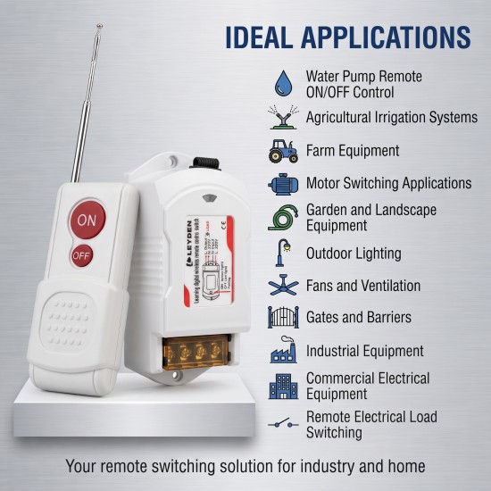 LEYDEN LE-RFC1KM 220VAC 30A RF Remote Control Switch up to 1000m Open Land Range, Heavy Duty Wireless ON/OFF Switch for 2HP Motor, Water Pump, Agriculture, Manual Button
