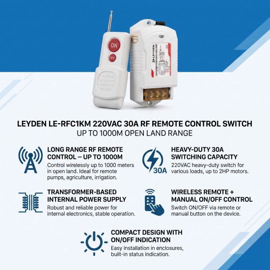 LEYDEN LE-RFC1KM 220VAC 30A RF Remote Control Switch up to 1000m Open Land Range, Heavy Duty Wireless ON/OFF Switch for 2HP Motor, Water Pump, Agriculture, Manual Button
