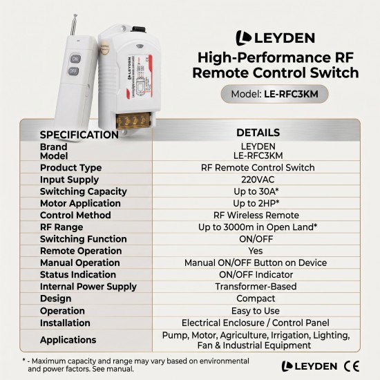 LEYDEN LE-RFC3KM 220VAC 30A RF Remote Control Switch up to 3000m Open Land Range, Heavy Duty Wireless ON/OFF Switch for 2HP Motor, Water Pump, Agriculture, Manual Button