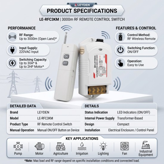 LEYDEN LE-RFC3KM 220VAC 30A RF Remote Control Switch up to 3000m Open Land Range, Heavy Duty Wireless ON/OFF Switch for 2HP Motor, Water Pump, Agriculture, Manual Button