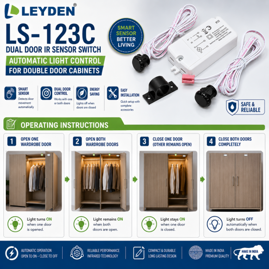 LEYDEN LS-123C Dual Door IR Sensor Switch, 220-240VAC, Automatic Wardrobe Cabinet Light Sensor, Dual Door Open/Close Motion Sensor for Wardrobe, Kitchen Cabinet, Closet, Office Furniture, 5A, 200W LED