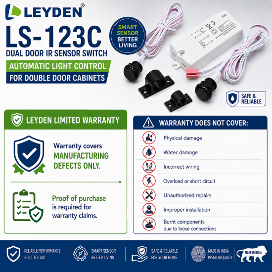 LEYDEN LS-123C Dual Door IR Sensor Switch, 220-240VAC, Automatic Wardrobe Cabinet Light Sensor, Dual Door Open/Close Motion Sensor for Wardrobe, Kitchen Cabinet, Closet, Office Furniture, 5A, 200W LED