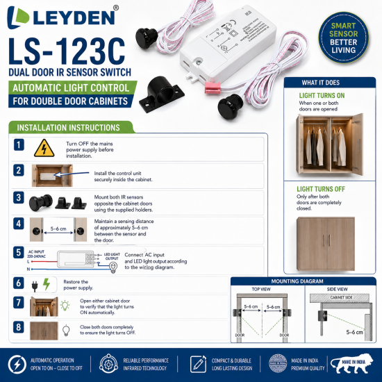 LEYDEN LS-123C Dual Door IR Sensor Switch, 220-240VAC, Automatic Wardrobe Cabinet Light Sensor, Dual Door Open/Close Motion Sensor for Wardrobe, Kitchen Cabinet, Closet, Office Furniture, 5A, 200W LED