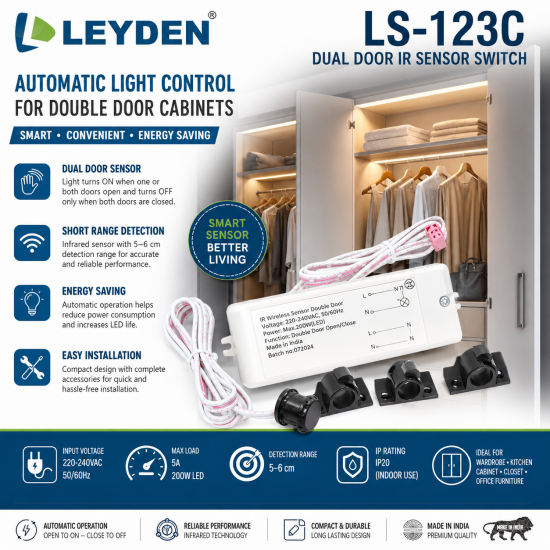 LEYDEN LS-123C Dual Door IR Sensor Switch, 220-240VAC, Automatic Wardrobe Cabinet Light Sensor, Dual Door Open/Close Motion Sensor for Wardrobe, Kitchen Cabinet, Closet, Office Furniture, 5A, 200W LED