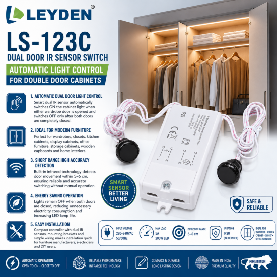 LEYDEN LS-123C Dual Door IR Sensor Switch, 220-240VAC, Automatic Wardrobe Cabinet Light Sensor, Dual Door Open/Close Motion Sensor for Wardrobe, Kitchen Cabinet, Closet, Office Furniture, 5A, 200W LED