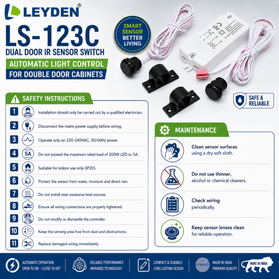 LEYDEN LS-123C Dual Door IR Sensor Switch, 220-240VAC, Automatic Wardrobe Cabinet Light Sensor, Dual Door Open/Close Motion Sensor for Wardrobe, Kitchen Cabinet, Closet, Office Furniture, 5A, 200W LED