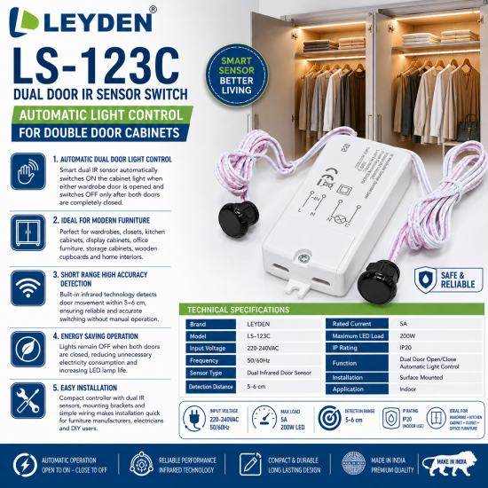 LEYDEN LS-123C Dual Door IR Sensor Switch, 220-240VAC, Automatic Wardrobe Cabinet Light Sensor, Dual Door Open/Close Motion Sensor for Wardrobe, Kitchen Cabinet, Closet, Office Furniture, 5A, 200W LED