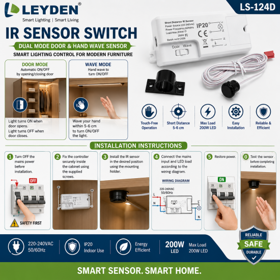 LEYDEN LS-124D IR Sensor Switch 220-240VAC | Dual Mode Door & Hand Wave IR Sensor | 200W LED | Wardrobe, Kitchen Cabinet, Closet, Mirror Light & Furniture Lighting LEYDEN LS-124D IR Sensor Switch 220-240VAC | Dual Mode Door & Hand Wave IR Sensor | 200W LED | Wardrobe, Kitchen Cabinet, Closet, Mirror Light & Furniture Lighting