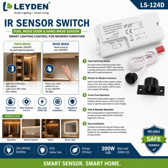 LEYDEN LS-124D IR Sensor Switch 220-240VAC | Dual Mode Door & Hand Wave IR Sensor | 200W LED | Wardrobe, Kitchen Cabinet, Closet, Mirror Light & Furniture Lighting LEYDEN LS-124D IR Sensor Switch 220-240VAC | Dual Mode Door & Hand Wave IR Sensor | 200W LED | Wardrobe, Kitchen Cabinet, Closet, Mirror Light & Furniture Lighting